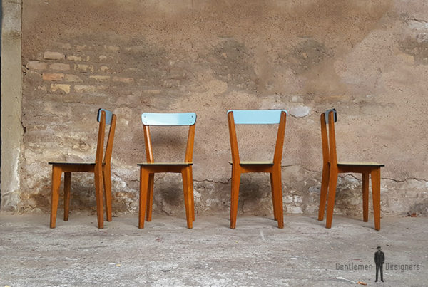 lot 6 chaises formica,pieds bois, bleu et vert, vintage